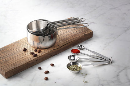 New Star Foodservice 42917 Stainless Steel Measuring Cups and Spoons Set, 8-Piece Metal Measuring Set for Baking, Cooking, Dry and Liquid Ingredients, Restaurant Grade, Silver