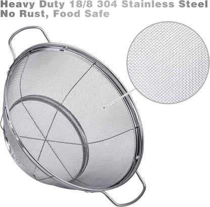 3 Pack 18/8 Stainless Steel Colander Sieves(5-Quart, 4-Quart and 3-Quart), Mesh Strainer Net Baskets with Handles & Resting Base for Strain, Drain, Rinse or Steam