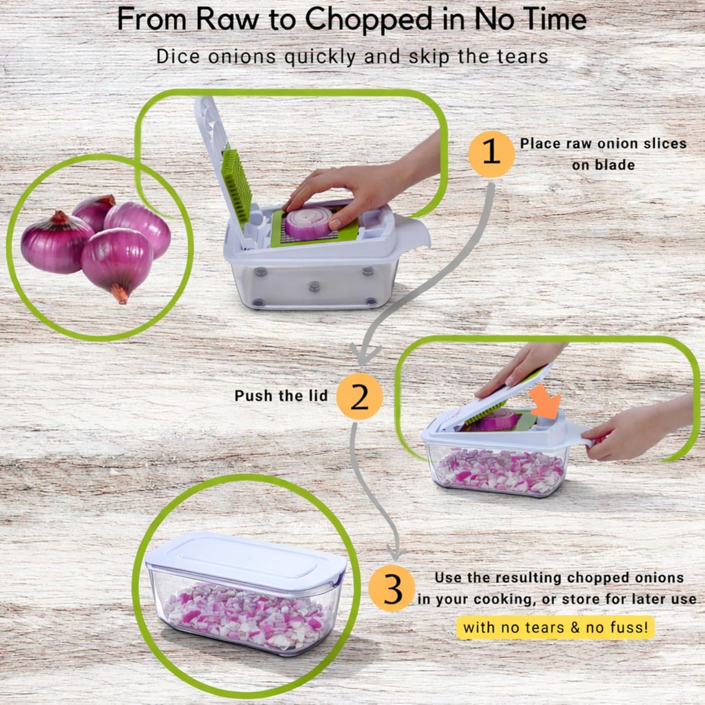 Brieftons QuickPush Food Chopper: Strongest & 200% More Container Capacity, 30% Heavier Duty, For Onion, Fruit and Vegetable Chopping, with 3 Dicer Cutter Blades, Keep-Fresh Lid, and 5 Recipe Ebooks
