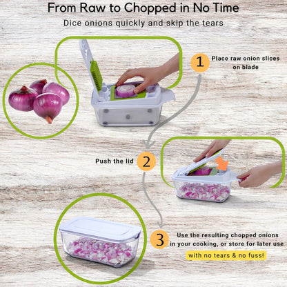 Brieftons QuickPush Food Chopper: Strongest & 200% More Container Capacity, 30% Heavier Duty, For Onion, Fruit and Vegetable Chopping, with 3 Dicer Cutter Blades, Keep-Fresh Lid, and 5 Recipe Ebooks