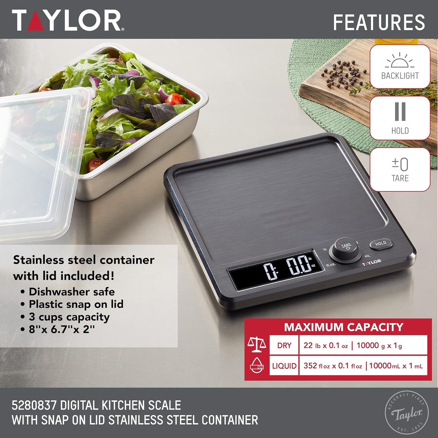 Taylor Waterproof Digital Kitchen Scale, 11 pounds, Black