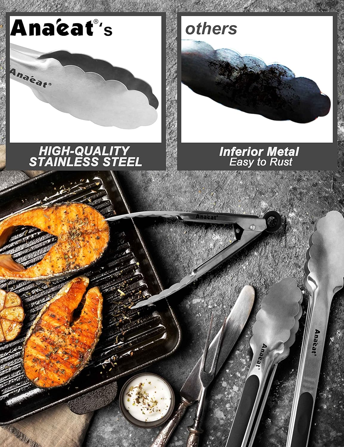 Anaeat Non-Stick Silicone Locking Tong Set of 3 - Stainless Steel 7", 9", 12" Kitchen Food Tongs with Non-Slip Silicone Tips and Grip for Cooking, Baking and BBQ - Heat Resistant up to 480°F (Black)