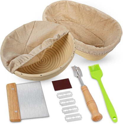 Swice Bread Proofing Basket, Round 9-Inch Banneton Sourdough Starter Kit with Lame, Dough Scraper, Linen Liner, and Basting Brush, Complete Bread Making Supplies and Tools