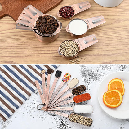 Measuring Cups and Spoons Set, Copper Measuring Cups and Spoons Set for Dry & Liquid, Metric&US 7 Stainless Steel MeasureR Cup&9 Spoon Leveler & Measure Enquivalents for Kitchen & Baking