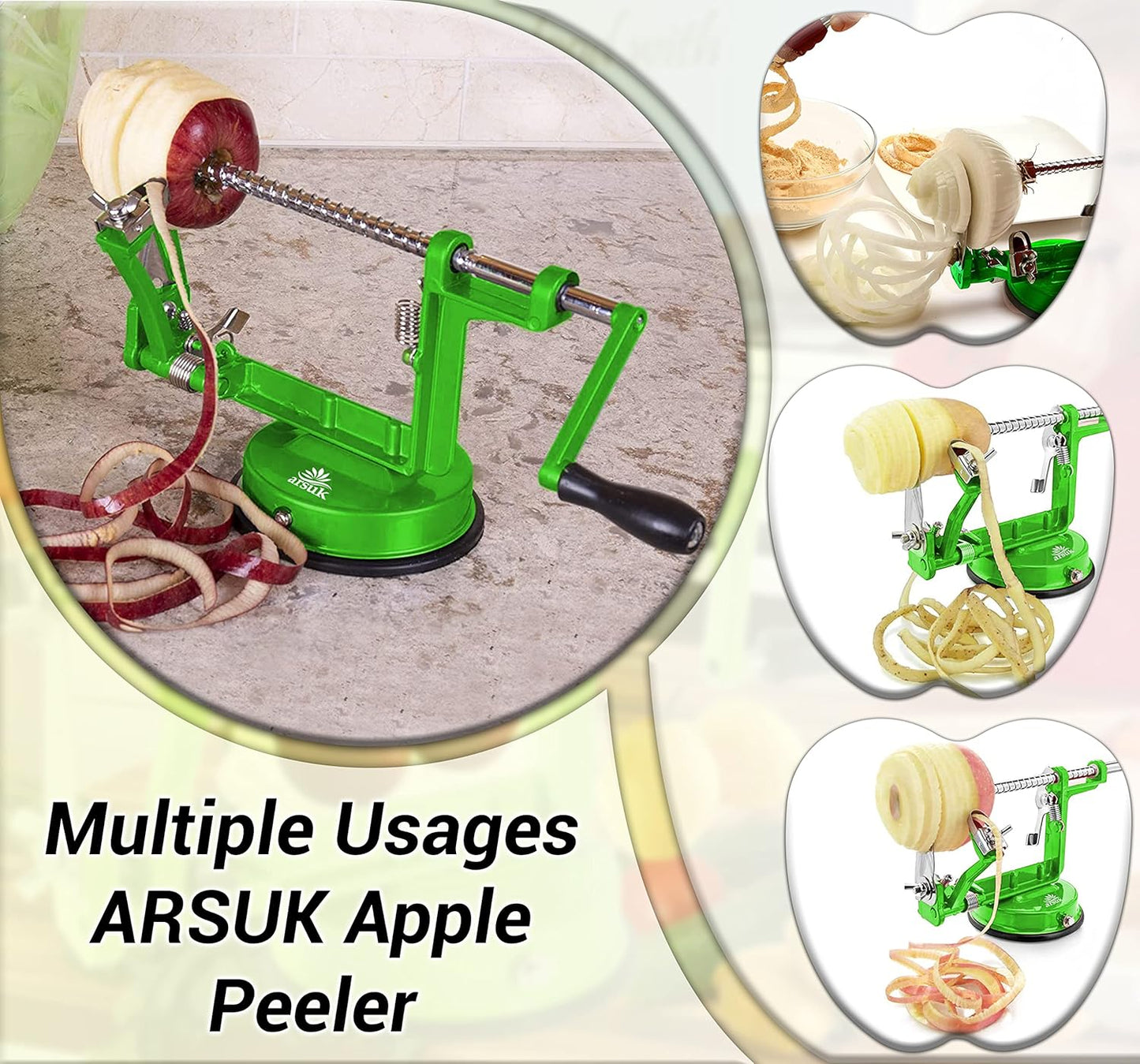ARSUK Apple Peeler Corer Slicer with Suction Base – 3-in-1 Heavy Duty Cast Iron Hand Crank Machine for Potatoes & Pears – Stainless Steel Blades, Adjustable Arm, Quick Peeling & Spiral Slicing Tool