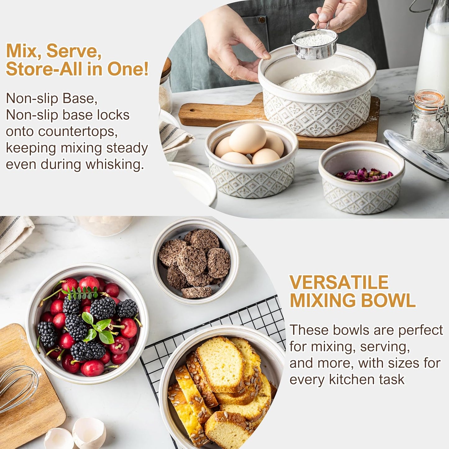 40 Oz Ramekins Ceramic Airtight Bowls Set of 4 - Large Mixing Bowls with Lids Set for Salad, Pho, Soup, Pasta, Dessert, Serving, Oatmeal, Baking Dishes, Dishwasher & Microwave Safe, Beige