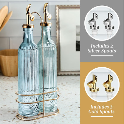 COOK WITH COLOR Glass Olive Oil Bottle Dispenser - 2 Pack- 17oz Oil and Vinegar Cruet - Olive Oil Carafe Decanter for Kitchen, Elegant Waves, Clear
