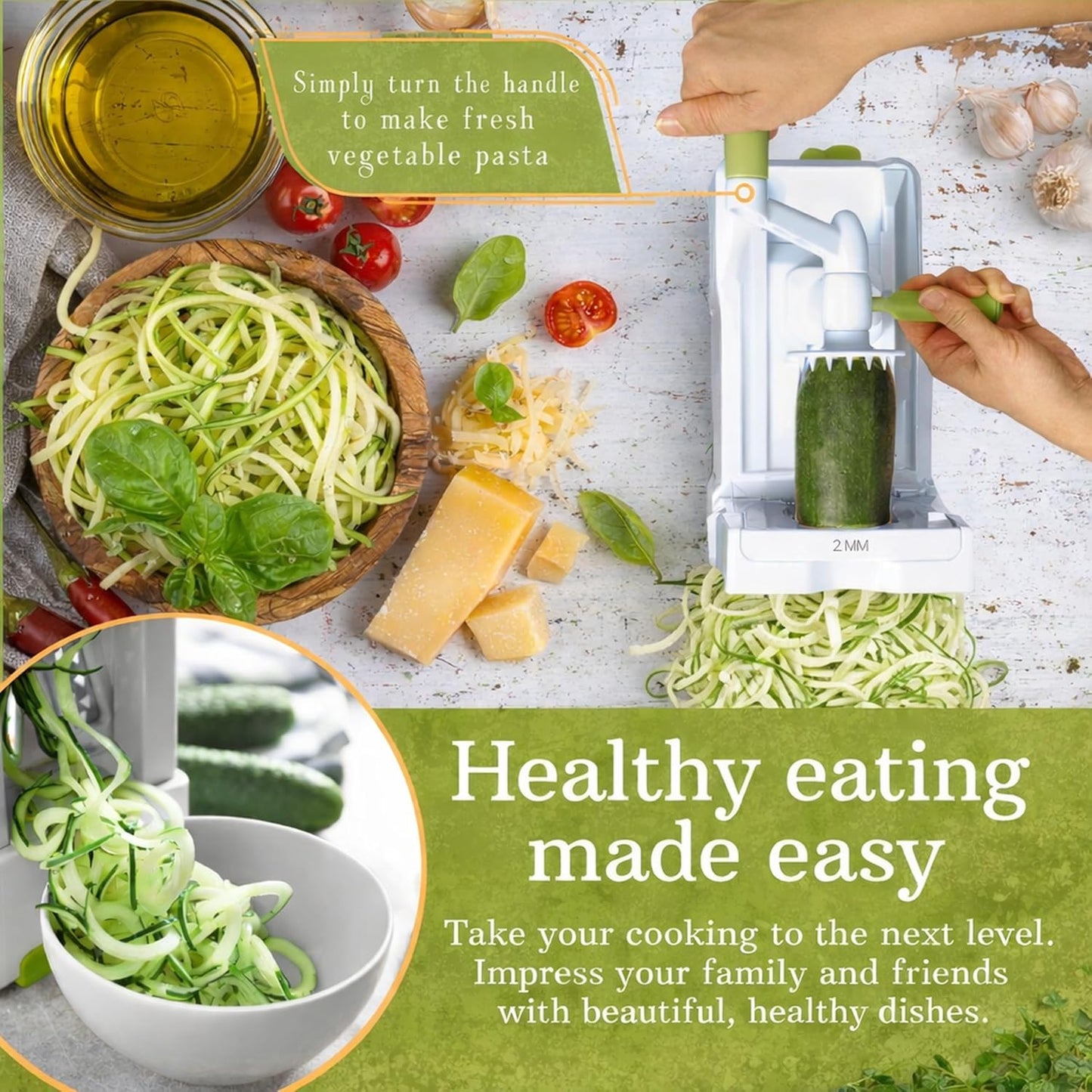 Brieftons 7-Blade Vegetable Spiralizer: Zucchini Spiral Slicer & Veggie Noodle Maker, Japanese Steel Blades, Catch Container, Strong Suction Cup, Blade Caddy, 4 eBooks | Low Carb, Vegan, Gluten-Free
