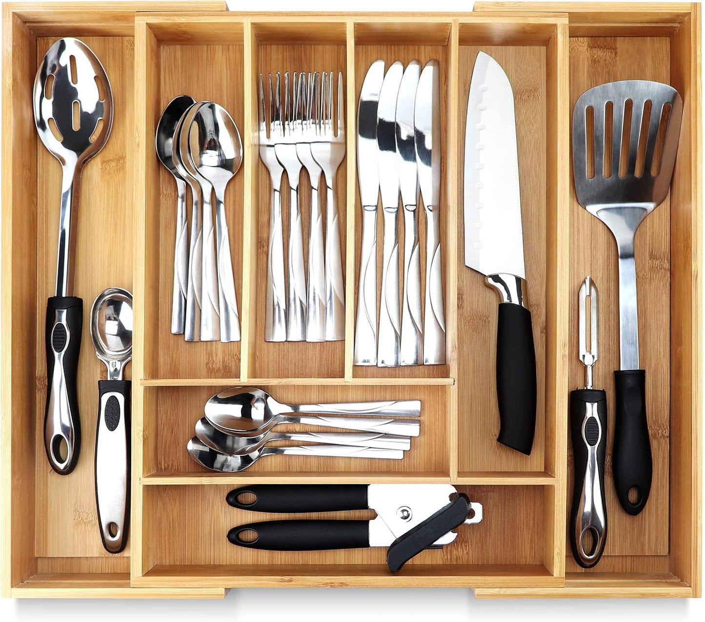 Pristine Bamboo Silverware Organizer - Small Extra-Deep Wooden Kitchen Drawer Organizer Divider for Spoons, Forks, Knives & Cutleries - 5 Slots