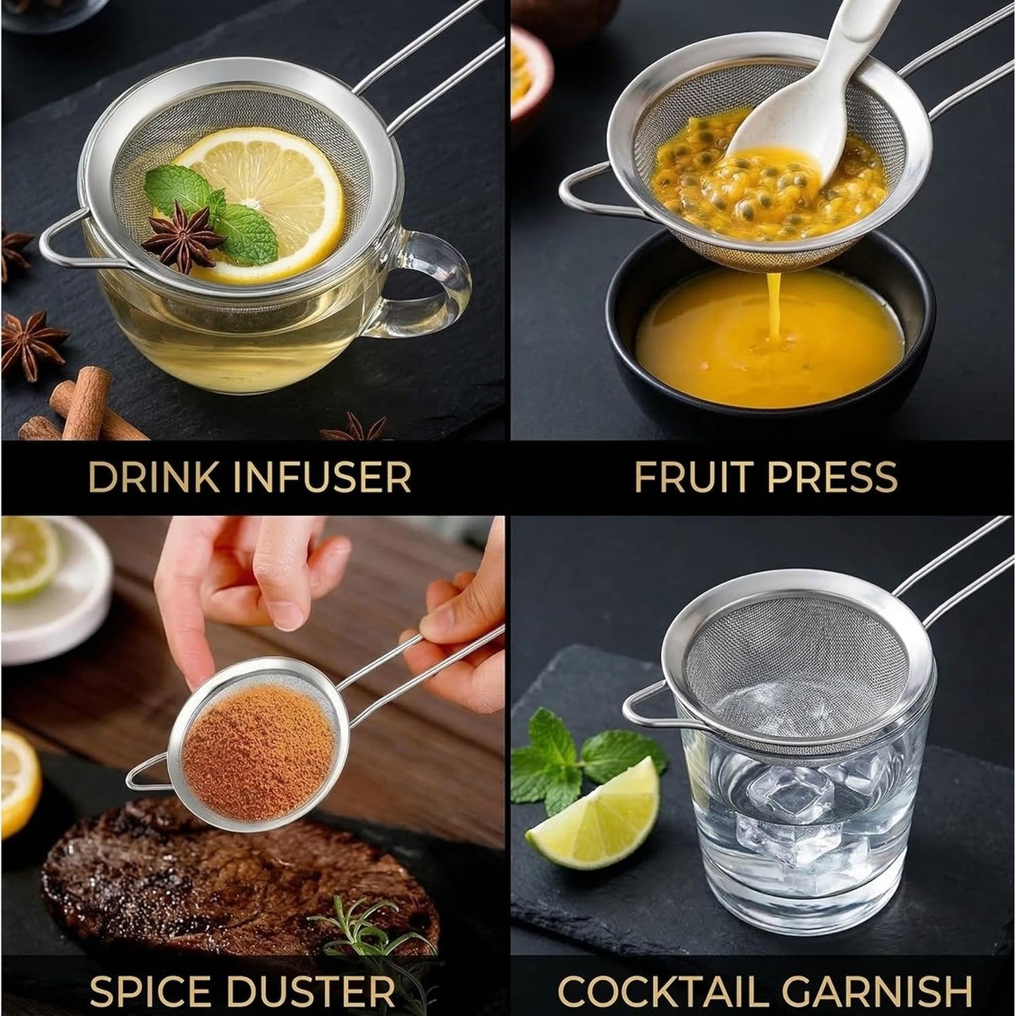 3 Pcs Fine Mesh Strainer, Stainless Steel Strainer With Handle, Small Medium Large Size Strainer Fine Mesh For Baking, Juice, Quinoa, Strainer For Kitchen Sieve Sifters Mesh Strainer Set For Cooking