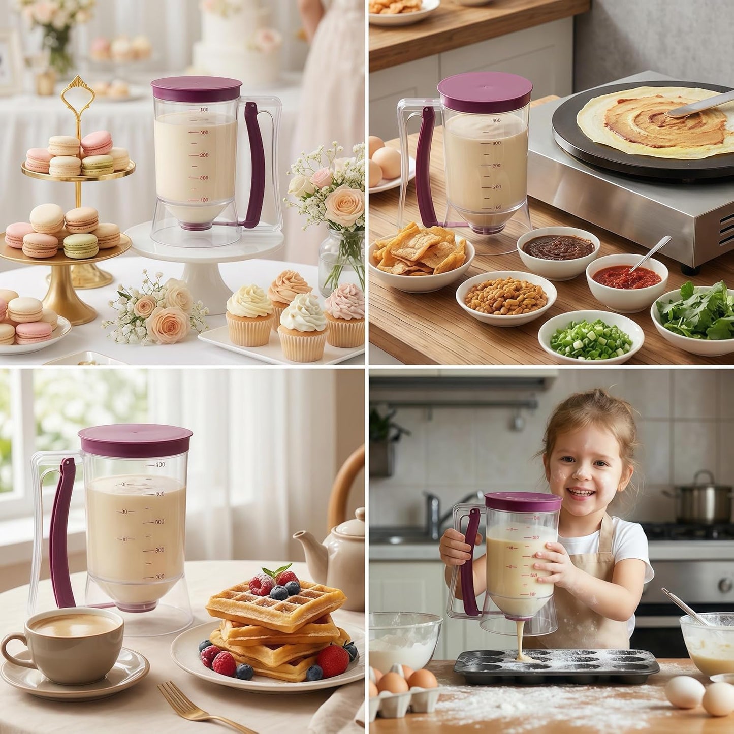 Pancake Batter Dispenser, 4-Cup Cupcake Batter Dispenser with Squeeze Handle & Measuring Marks & Easy Control, No-Drip Valve Baking Tool for Pancakes, Muffins, Waffles, Crepes, Cupcakes