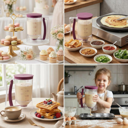 Pancake Batter Dispenser, 4-Cup Cupcake Batter Dispenser with Squeeze Handle & Measuring Marks & Easy Control, No-Drip Valve Baking Tool for Pancakes, Muffins, Waffles, Crepes, Cupcakes