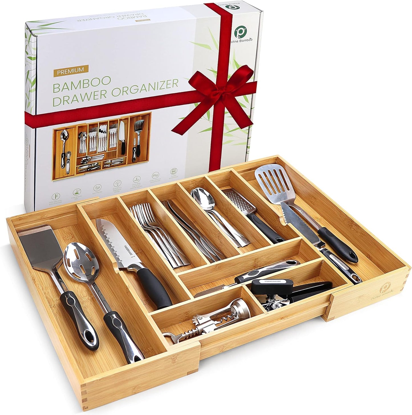 Pristine Bamboo Silverware Organizer - Small Extra-Deep Wooden Kitchen Drawer Organizer Divider for Spoons, Forks, Knives & Cutleries - 5 Slots