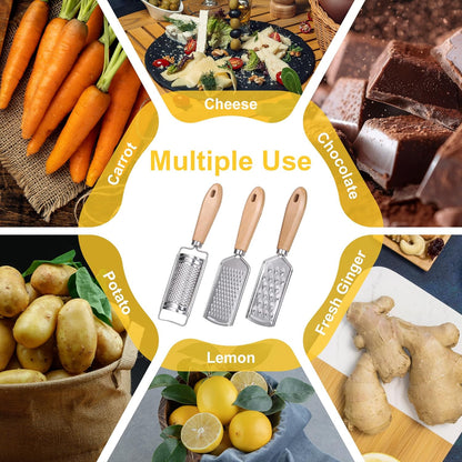 Handheld Cheese Graters with Cleaning Brush Stainless Steel Vegetable Grater with Wood Handle Multifunctional Kitchen Food Shredder for Chocolate Butter Nuts Ginger (Wooden Handle) By beardo decor