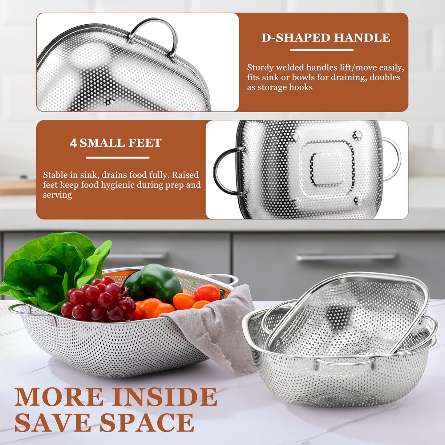 E-far 3 Pack Colander for Kitchen, Square Stainless Steel Metal Strainer Colander with Handle for Draining Food Pasta Vegetable, Micro-Perforated & Elevated Feet, Dishwasher Safe(2.4/4/6QT)