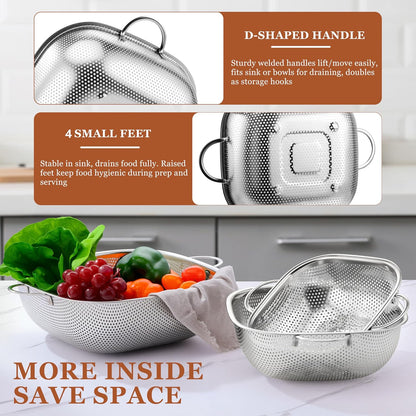 E-far 3 Pack Colander for Kitchen, Square Stainless Steel Metal Strainer Colander with Handle for Draining Food Pasta Vegetable, Micro-Perforated & Elevated Feet, Dishwasher Safe(2.4/4/6QT)