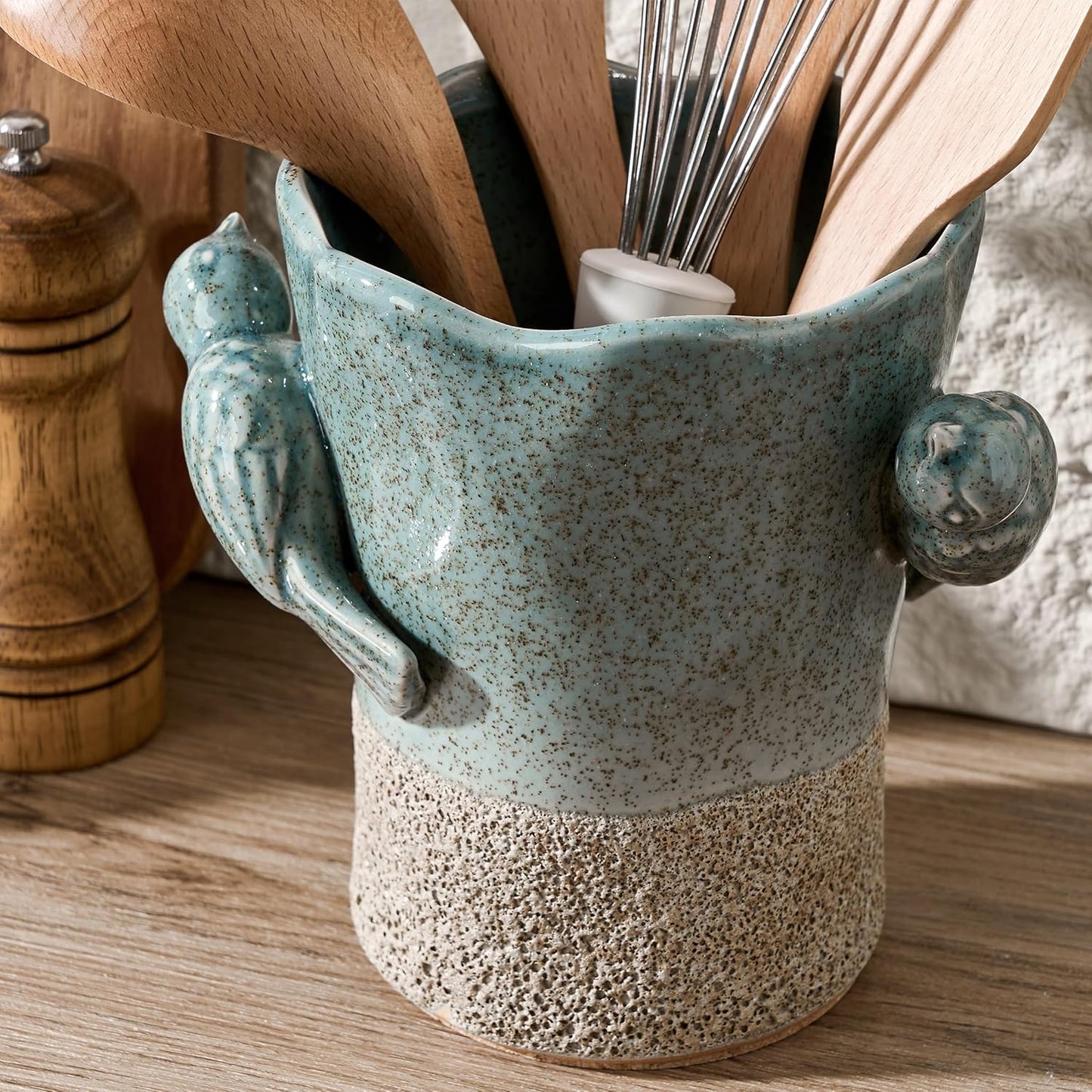 Utensil Holder for Kitchen Counter, Modern Farmhouse Rustic Cooking Utensil Holder and Crock, Exquisite Chinoiserie Floral Ceramic Utensil Organizer for Home Kitchen Decor- Green and Beige