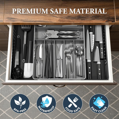 Simple Houseware Expandable Kitchen Drawer Flatware Organizer, Gray – Adjustable Cutlery Tray with 9 Compartments for Utensils and Silverware