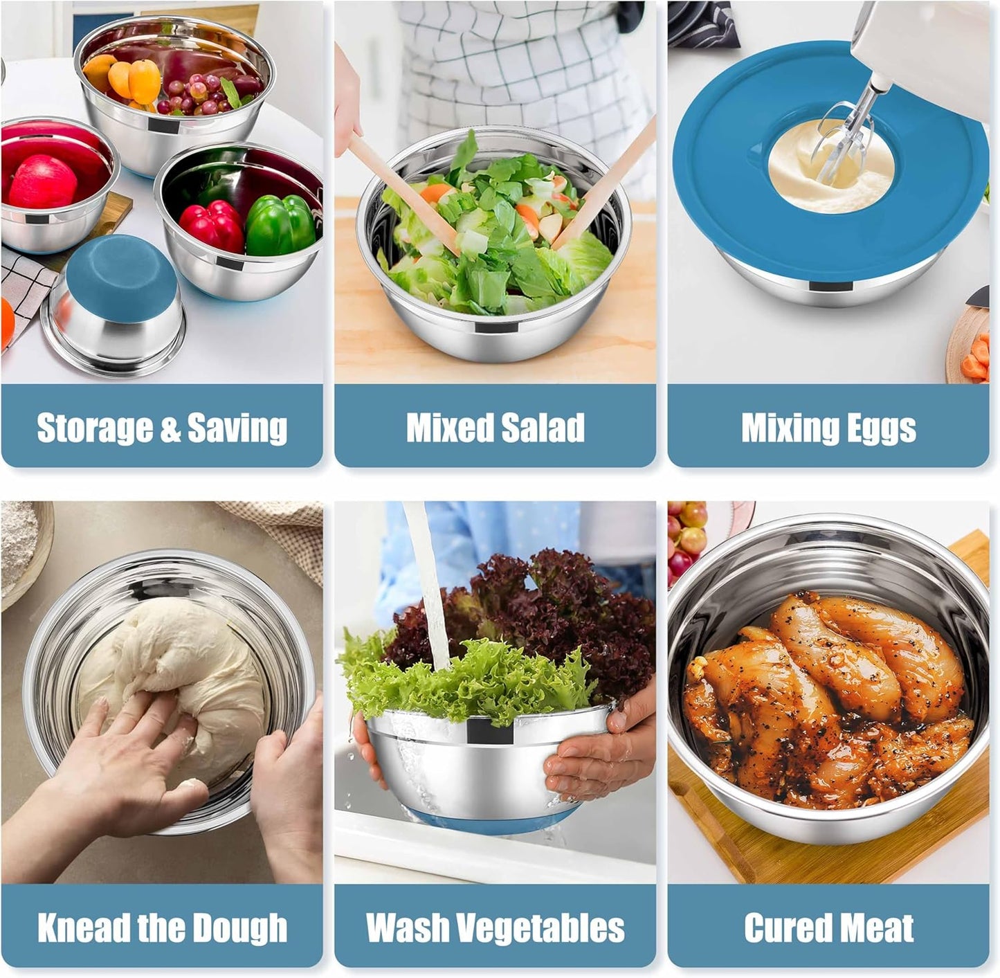 E-far Stainless Steel Mixing Bowls with Lids Set, 5-Piece Nesting Salad Bowls with 3 Grater Attachments and Non-Slip Bottoms, Size 4.6, 2.6, 2, 1.5, 1QT for Kitchen (Black)