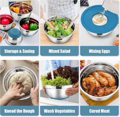 E-far Stainless Steel Mixing Bowls with Lids Set, 5-Piece Nesting Salad Bowls with 3 Grater Attachments and Non-Slip Bottoms, Size 4.6, 2.6, 2, 1.5, 1QT for Kitchen (Black)