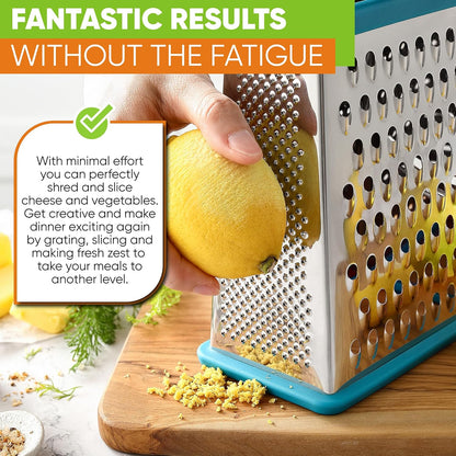 Spring Chef Professional Cheese Grater - Stainless Steel, XL Size, 4 Sides - Perfect Box Grater for Parmesan Cheese, Vegetables, Ginger - Dishwasher Safe - Black