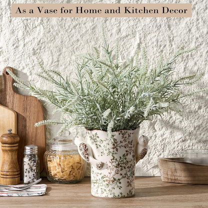 Utensil Holder for Kitchen Counter, Modern Farmhouse Rustic Cooking Utensil Holder and Crock, Exquisite Chinoiserie Floral Ceramic Utensil Organizer for Home Kitchen Decor- Green and Beige