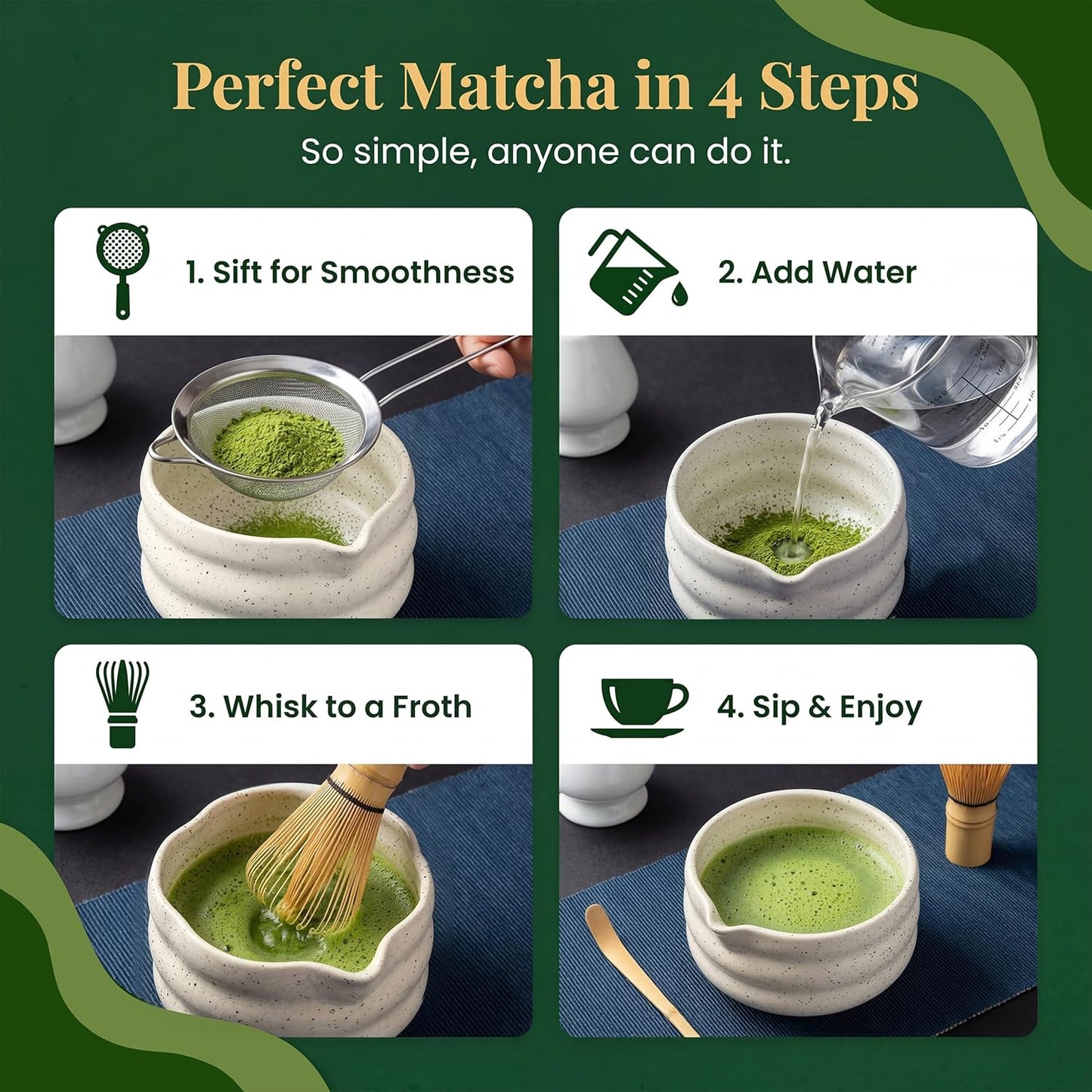 BARISTA EMPEROR® MATCHA WHISK SET PREMIUM 11pcs - Professional Matcha Kit Set with Matcha Bowl, Matcha Whisk, Milk Frother, Spoon, Sifter, Scoop, Stand, Cup, Tea Mat, Cloth - Matcha Bowl Set