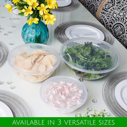 PLASTICPRO Disposable 48 Ounce Round Crystal Clear Plastic Serving Bowls With Lids, Party Snack or Salad Bowl, Chip Bowls, Snack Bowls, Candy Dish, Salad Container Pack of 2