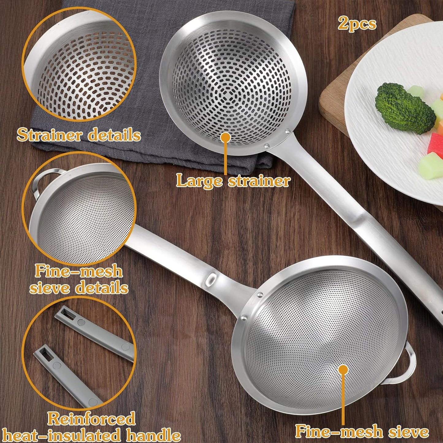2 Pieces Spider Strainer Skimmer Spoon Set, Fine Mesh Stainless Steel Metal With HoleSieve Food Strainer Grease Spider Skimmer, Large Hole Slotted Colander Frying Spoons Set With Handle for Cooking