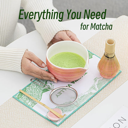 Matcha Whisk Set,7 Pcs Matcha Set Light Green,Matcha Kit for Ceremony,480Ml Ceramic Bowl(chawan) with Spout,Bamboo Whisk and Holder,Tradition Tea Set,Unique Gift