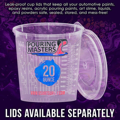Pouring Masters 5 Oz (150 ml) Liquid Measuring Cups - Plastic Graduated Cup (50 Pack) with 25 Sticks - Reusable Mixing Cups for Paint, Craft, Kitchen, Lab, Medical Supplies, Epoxy Resin, Art