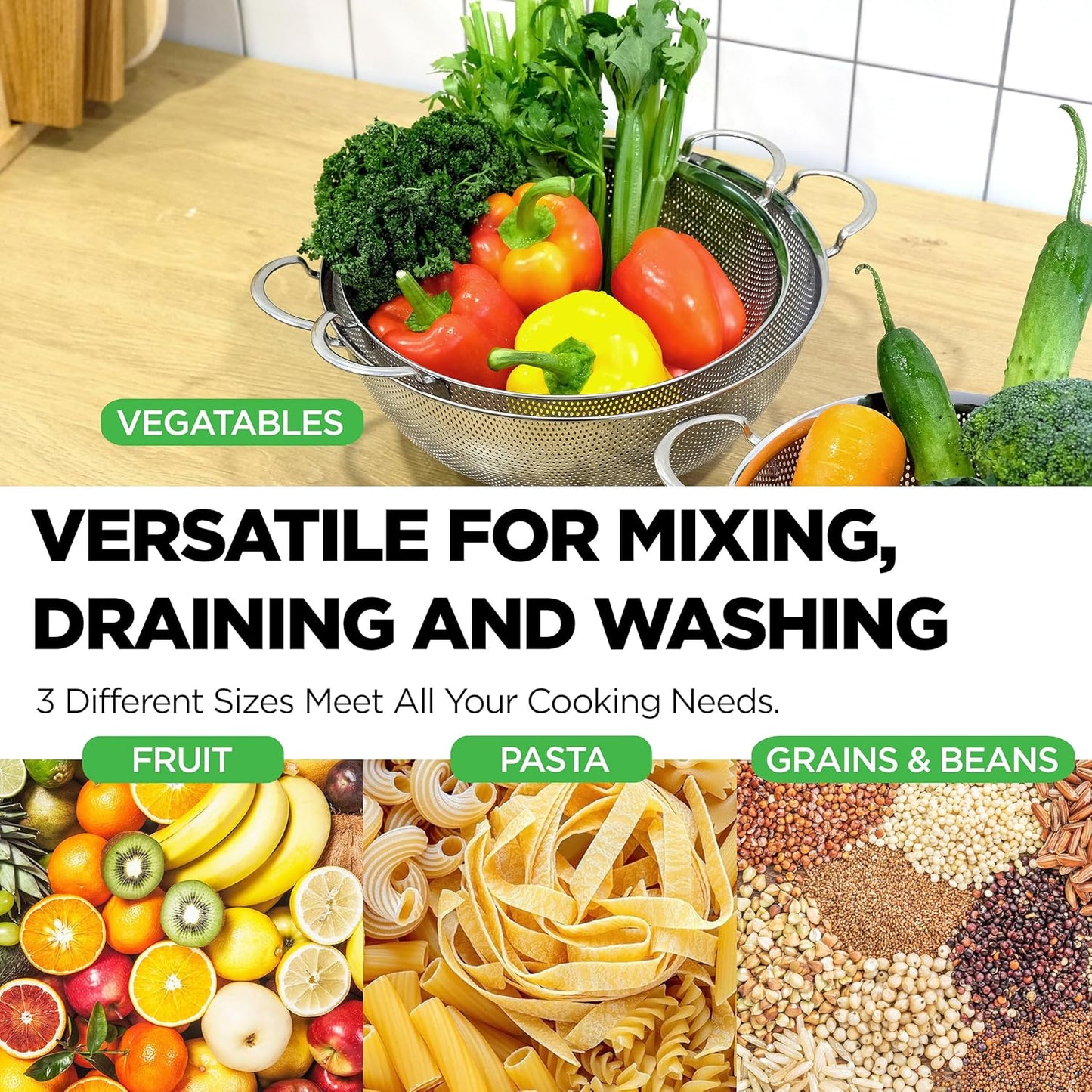 Shallow Stainless Steel Colander Set of 3 – Micro-Perforated Tray Strainers for Berries Vegetables Fruit, 18/8 304 Low Profile (2, 3, 4 Qt) Self-Draining Base, Dishwasher Safe, Made in Korea