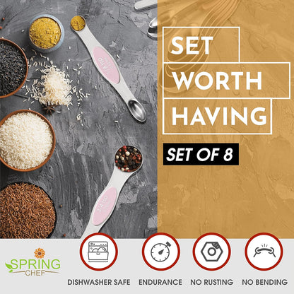 Spring Chef Dual Sided Magnetic Measuring Spoons Set, Pink Lemonade, Set of 8 & Stainless Steel Measuring Cups, Set of 7-2 Product Bundle