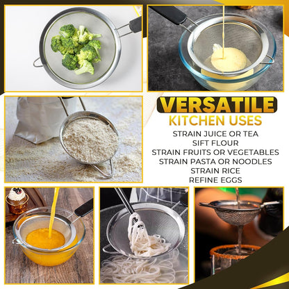 Set of 3 Fine Mesh Strainers for Kitchen | 3.4 inch, 5.5 inch and 7.9 inch Stainless Steel Strainer