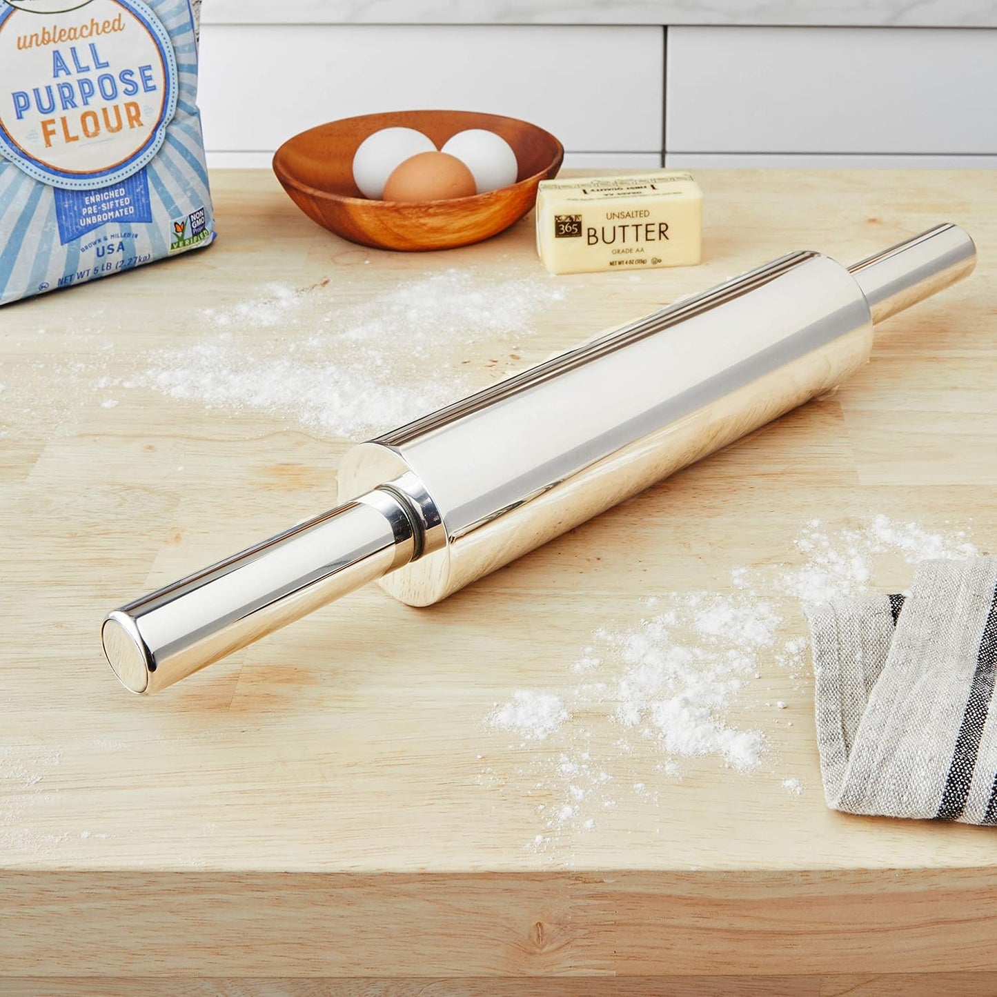Fox Run Stainless Steel Rolling Pin With Handles, 18" x 2.6" x 2.8"
