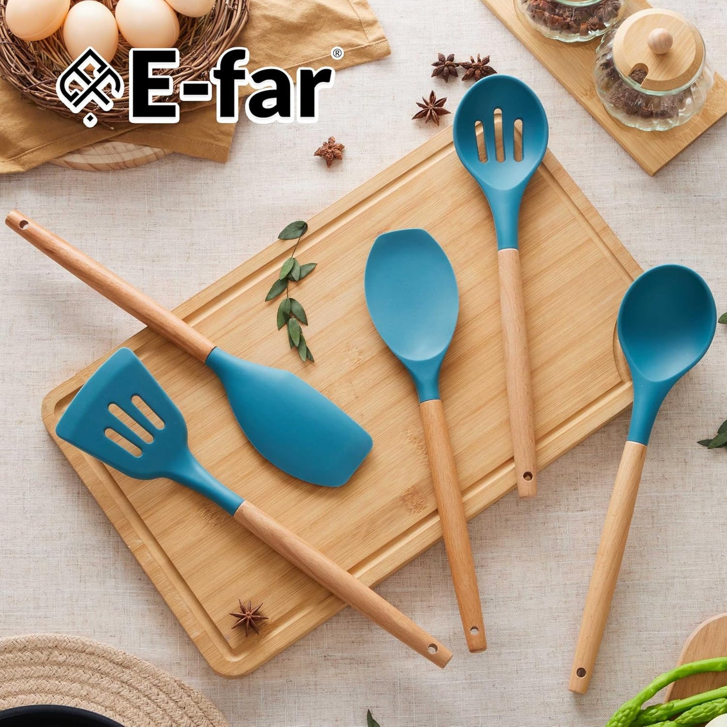 E-far Silicone Cooking Utensils Set, 10-Piece Heat Resistant Kitchen Utensils Set with Wooden Handle for Nonstick Cookware, Kitchen Nonstick Tools Spatula Whisk Tongs Ladle, Non-toxic & Healthy(Khaki)
