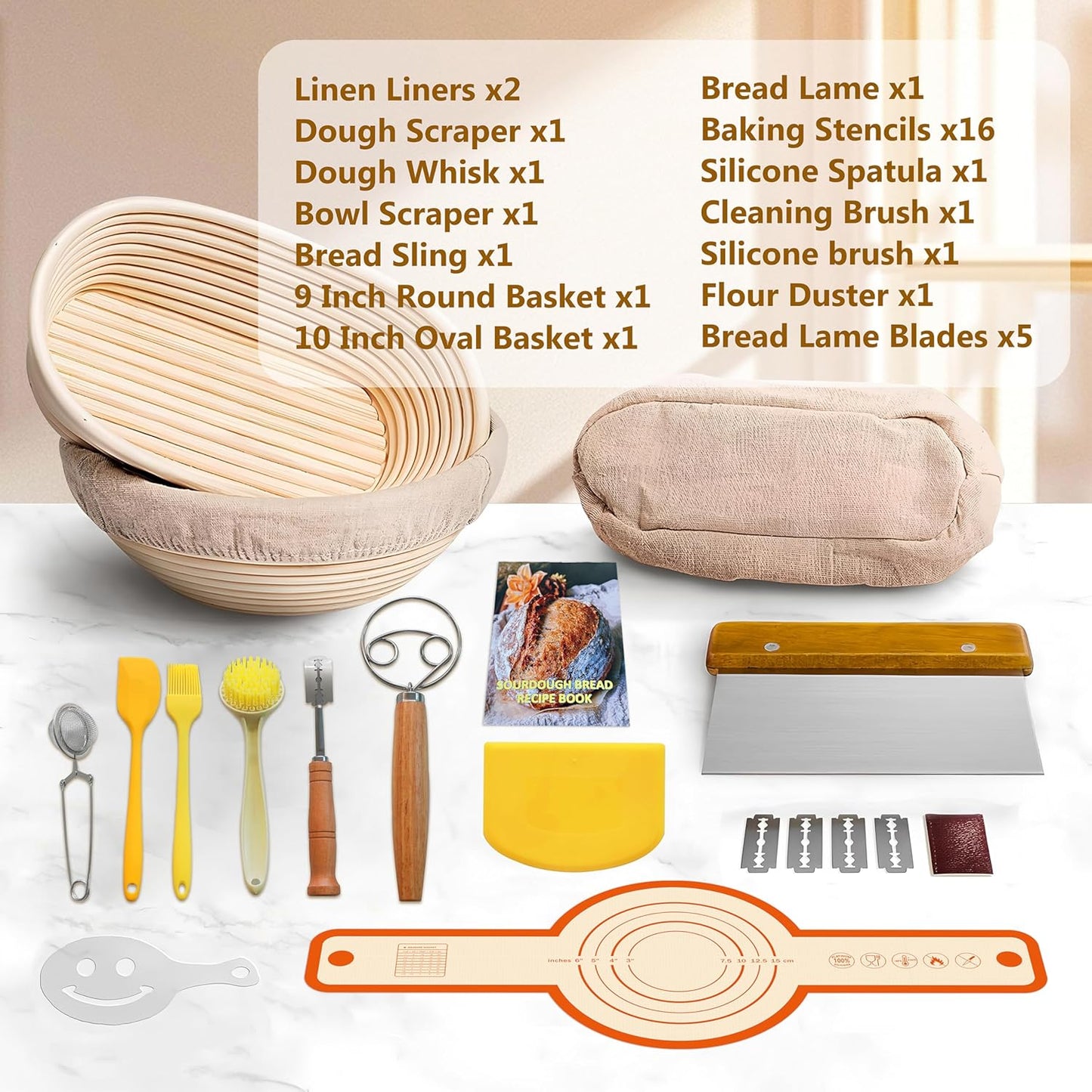 Banneton Bread Proofing Basket Set - 10" Oval & 9" Round Sourdough Starter Kit with Lame, Dough Whisk, Scraper, Sling & Baking Tools | Artisan Bread Baking Supplies for Homemade Loaves