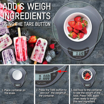 Taylor Digital Kitchen Scale with Glass Platform, Tare Button, and Plastic Body Weighs up to 11 Pounds Capacity, White