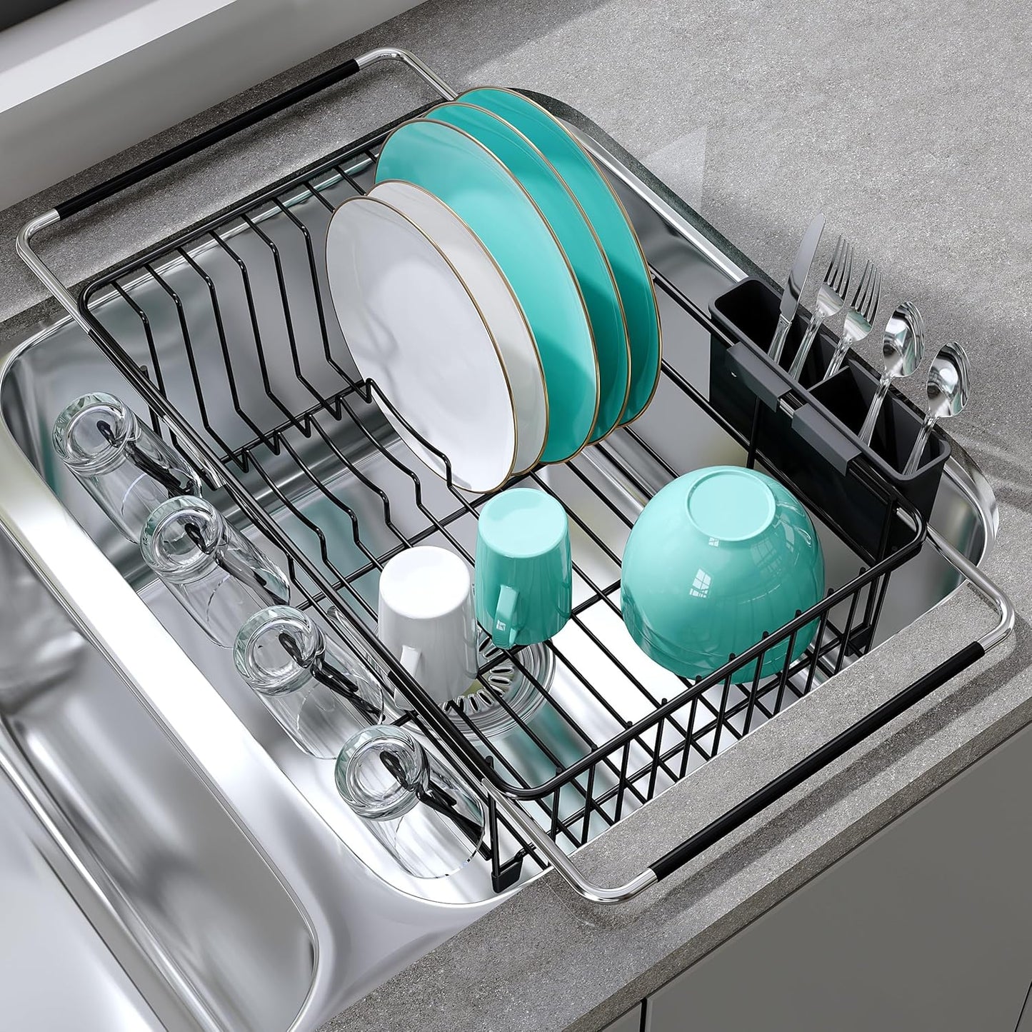 JASIWAY Roll Up Dish Drying Rack, Expandable (12.8"-23.8" D x 12.8" W) Stainless Steel Portable Drainer for Kitchen Sink Counter, Foldable Over The Sink Cover with Removable Utensil Holder