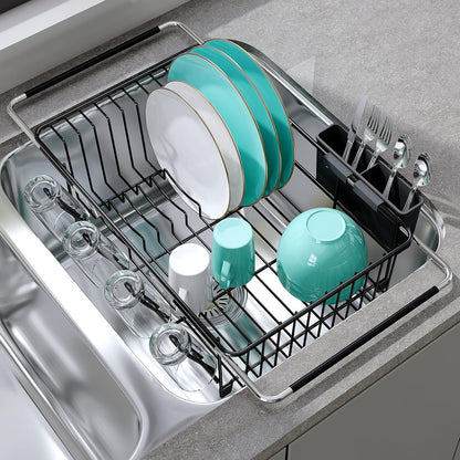 JASIWAY Roll Up Dish Drying Rack, Expandable (12.8"-23.8" D x 12.8" W) Stainless Steel Portable Drainer for Kitchen Sink Counter, Foldable Over The Sink Cover with Removable Utensil Holder
