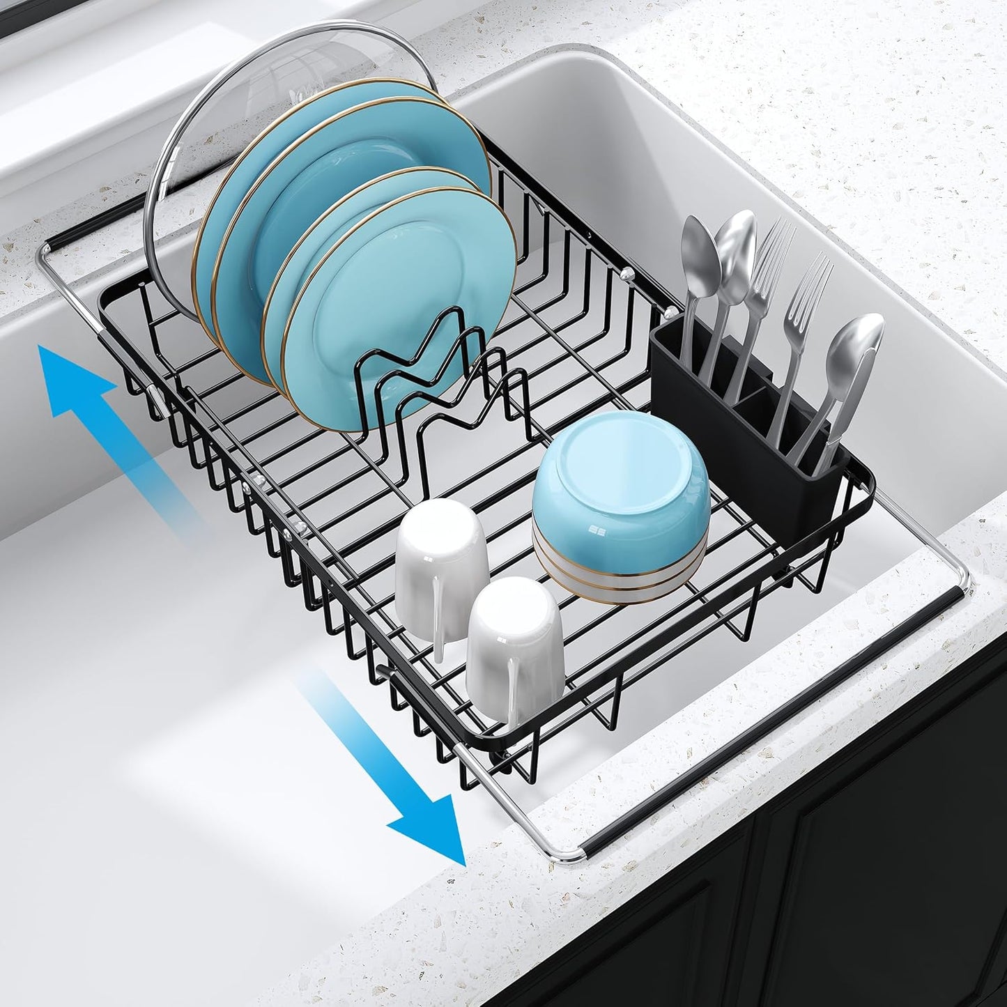 JASIWAY Roll Up Dish Drying Rack, Expandable (12.8"-23.8" D x 12.8" W) Stainless Steel Portable Drainer for Kitchen Sink Counter, Foldable Over The Sink Cover with Removable Utensil Holder