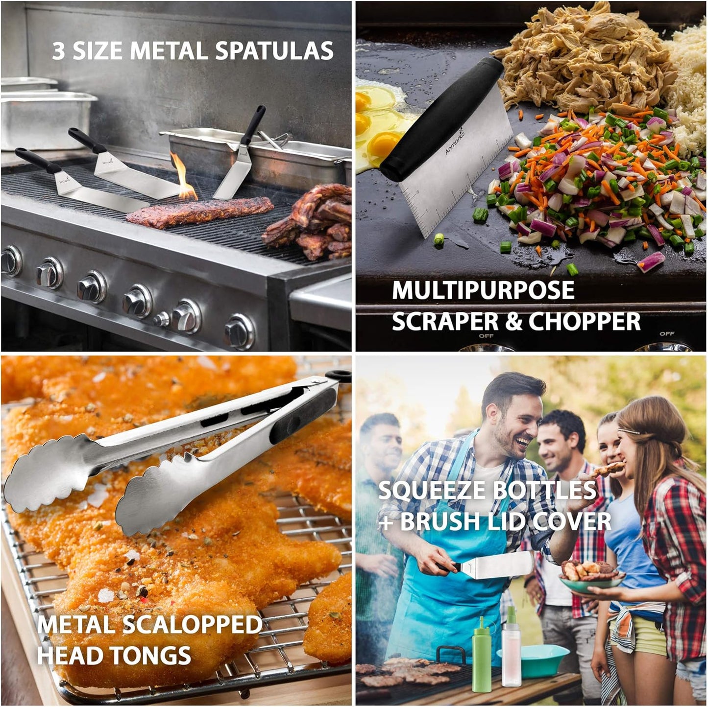 Stainless Steel Metal Spatula Set - Teppaniyaki Spatulas - Griddle Scraper Flat Spatula Pancake Flipper Hamburger Turner - Metal Utensil great for BBQ Grill Flat Top Cast Iron Griddle Accessories