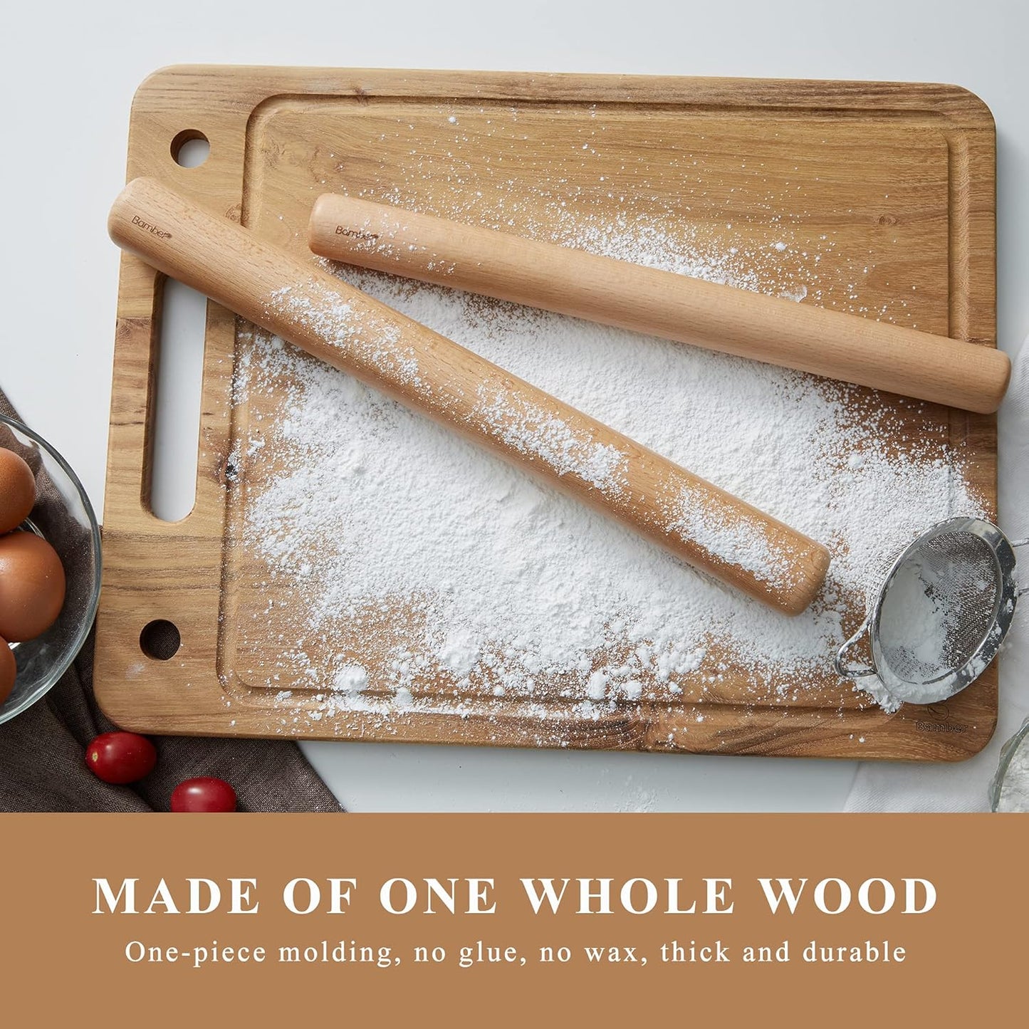 Bamber Wood Rolling Pin for Baking Wooden Rolling Dowel Stick Dough Roller for Cookie Dumpling Pastry Pizza Tortilla, 15'' by 1.5''