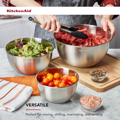 KitchenAid Universal Nesting Plastic Mixing Bowls, Set Of 3, 2.5 quart, 3.5 quart, 4.5 quart, Non Slip Base with Easy Pour Spout to Reduce Mess, Dishwasher Safe, Aqua Sky, White, Gray
