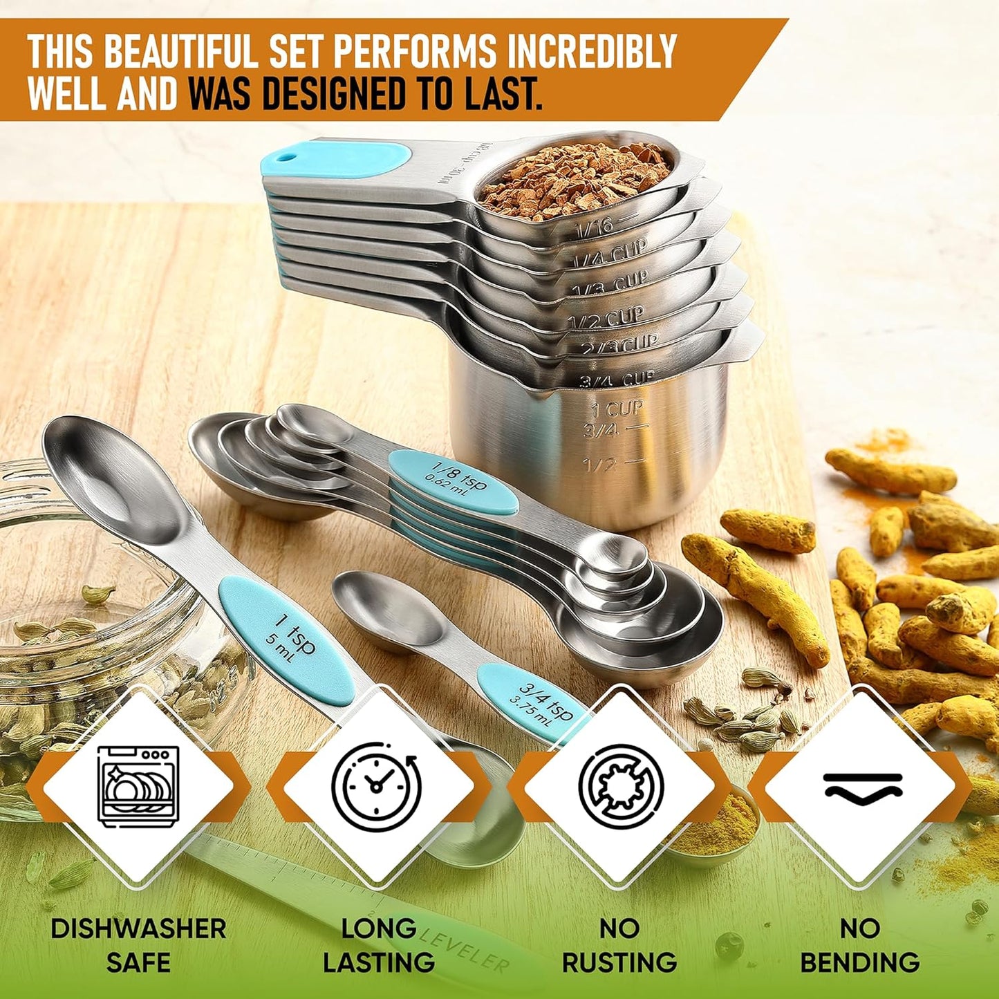 Spring Chef Magnetic Measuring Cups & Spoons Set, Patented, Strong N45 Magnets, Heavy Duty Stainless Steel Fits in Spice Jars for Baking & Cooking, BPA Free, Round Set of 15 with Leveler, Black