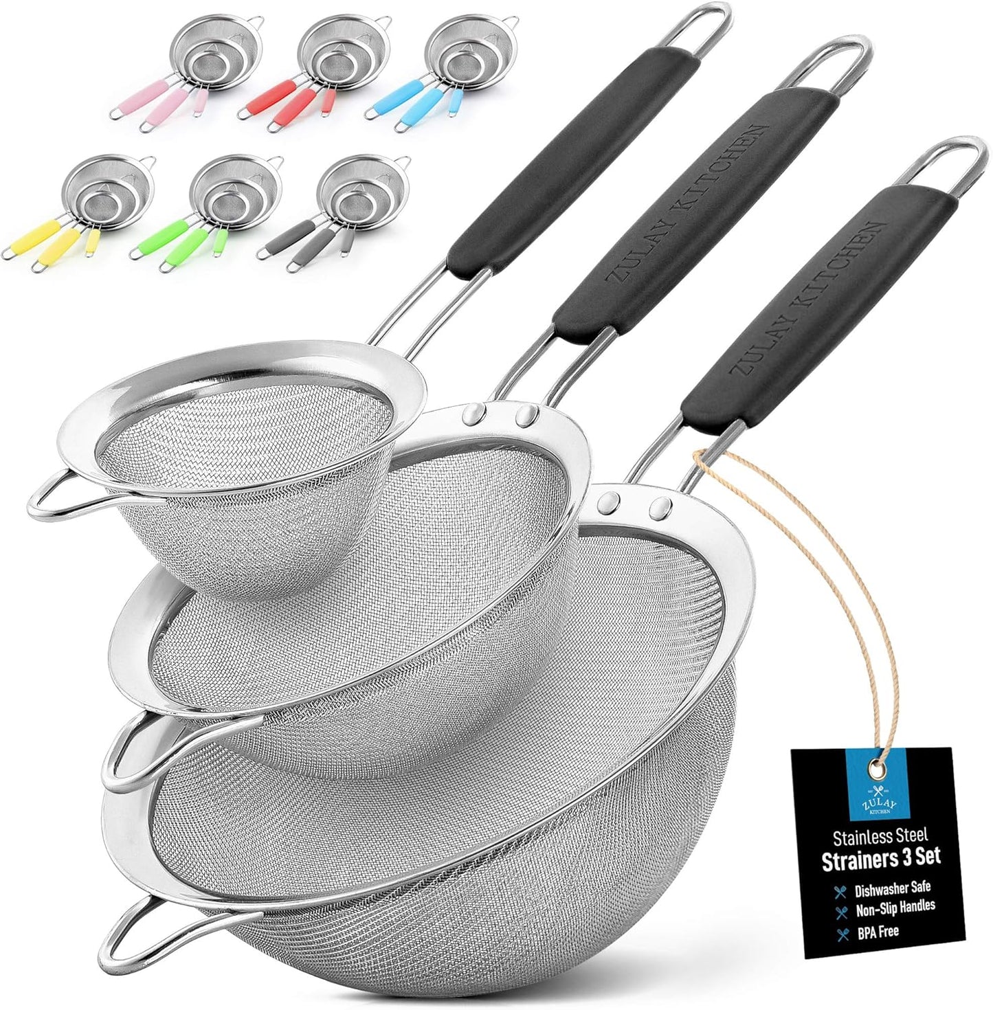 Zulay Kitchen 304 Stainless Steel Fine Mesh Strainer 3.35 in - Strainers Fine Mesh, Tea Strainers for Loose Tea - Perfect for Tea, Cocktails, Juicing, Drinks, Liquids, Matcha, Coffee & More