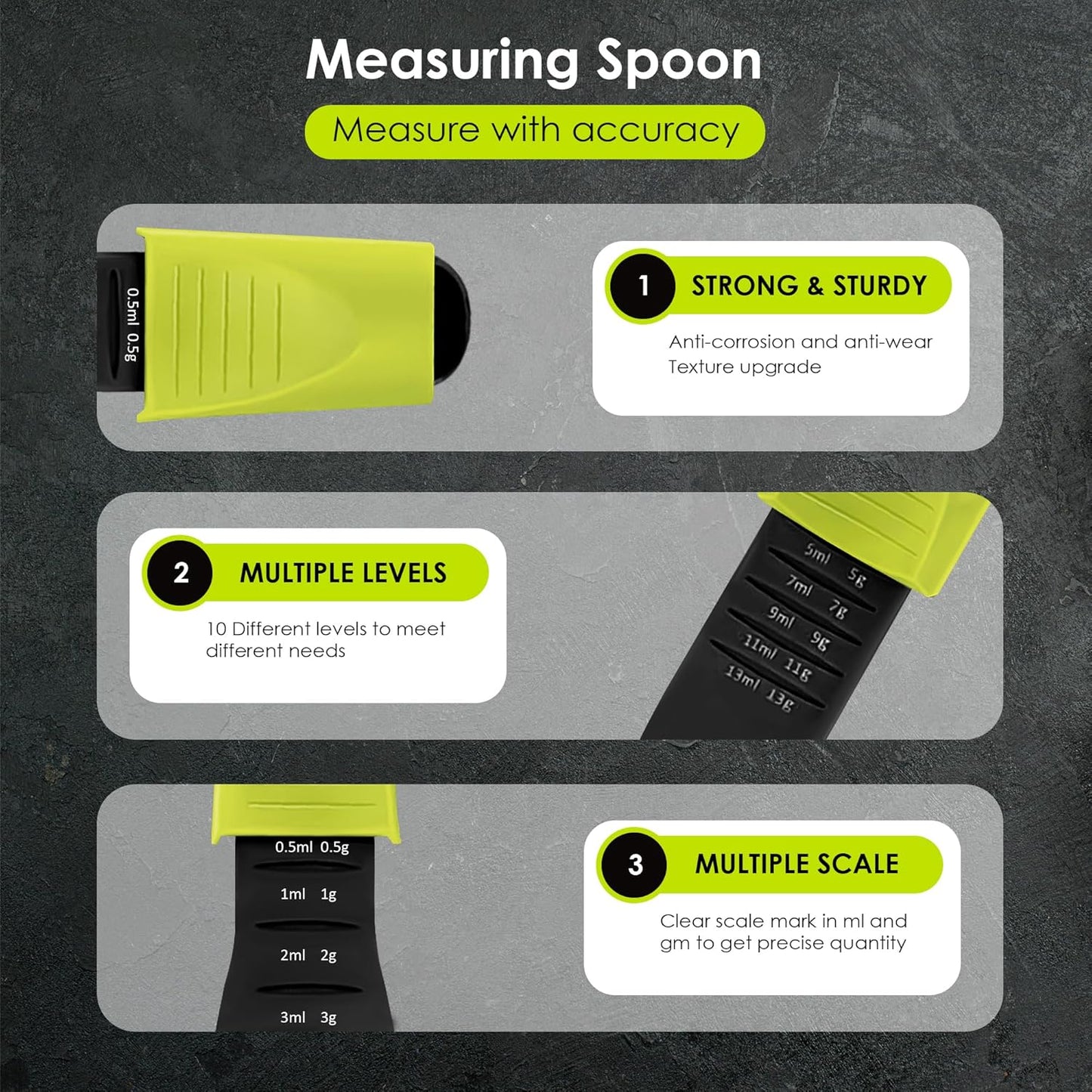 GOCHA Double-Ended Adjustable Measuring Spoon - 9-in-1 Kitchen Tool with Precision Scales (0.5-13ml/g) - Space-Saving Design for Dry & Liquid Ingredients (Black Green)