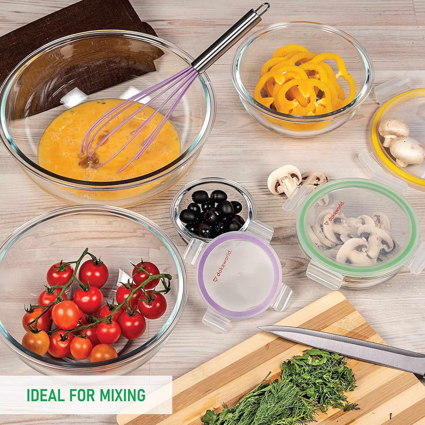Set of 5 Nesting Glass Bowls with New Updated Acacia Lids for Foodprep, Storage, Mixing & Cooking - Microwave & Oven-ready BPA Free Durable Heat Resistant Inert Borosilicate Glass