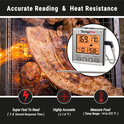 TempPro Digital Meat Thermometer for Cooking and Grilling, BBQ Food Thermometer with Backlight and Kitchen Timer, Grill Temperature Probe Thermometer for Smoker, Oven, Baking,Oil(Previously ThermoPro)