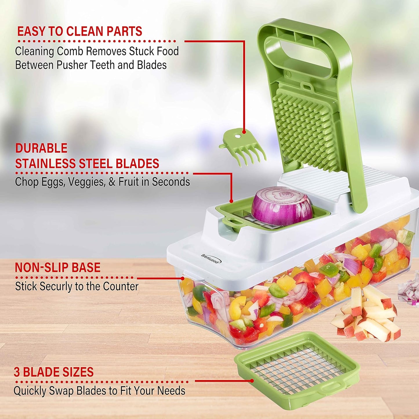 Brentwood Food Chopper and Vegetable Dicer with Storage Container and Stainless Steel Blades (Stainless Steel Black)